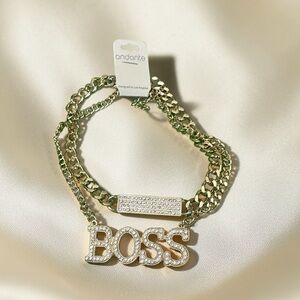 Gold Layered BOSS Rhinestone Statement Necklace Set Iced Out Chain